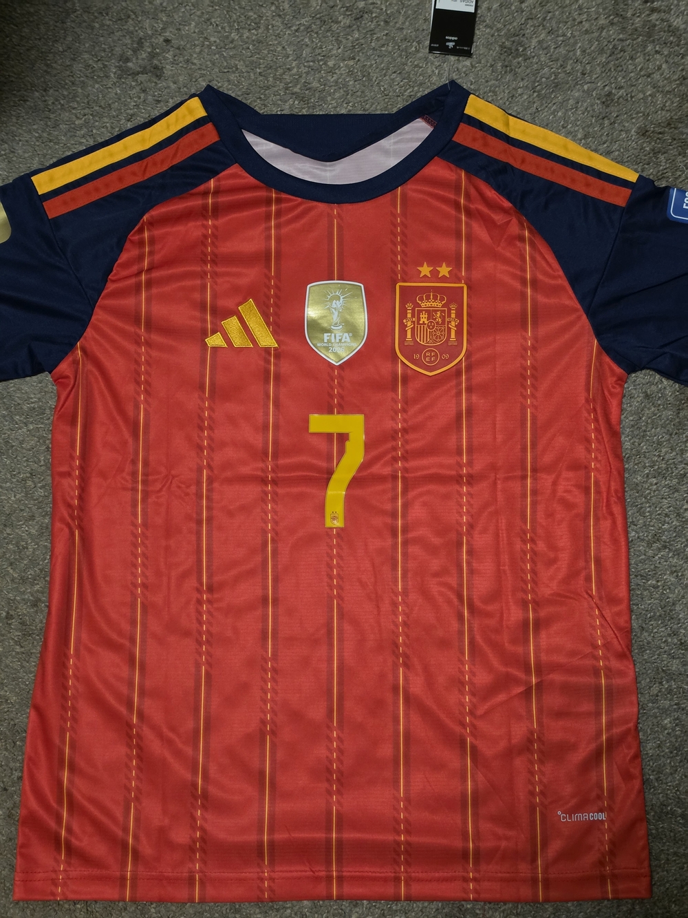 Men's Red and Navy Spain Football Jersey with Yellow Accents
